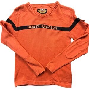 Harley Davidson Sweater Womens Small Orange Black Stripe Spellout Elbow Patches